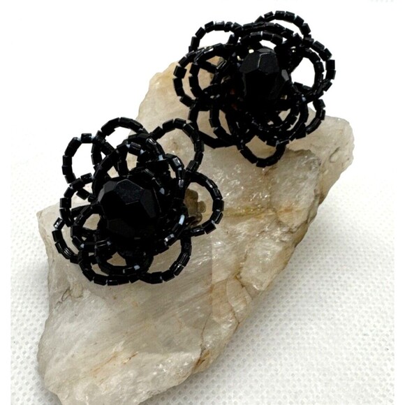 Vintage Black Beaded Flower Floral Clip-On Earrings 1960s Retro Seed Bead - Picture 1 of 8
